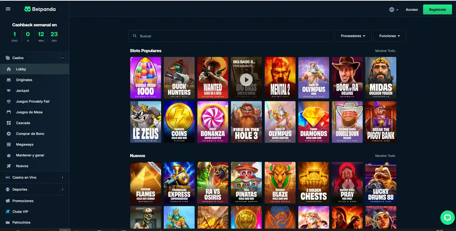 Captura real prevista de la interfaz en español de BetPanda con navegación de casino y deportes
